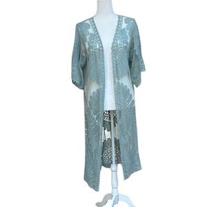 Rebellion Lace Open-Front Kimono Light Blue Boho Cover Up